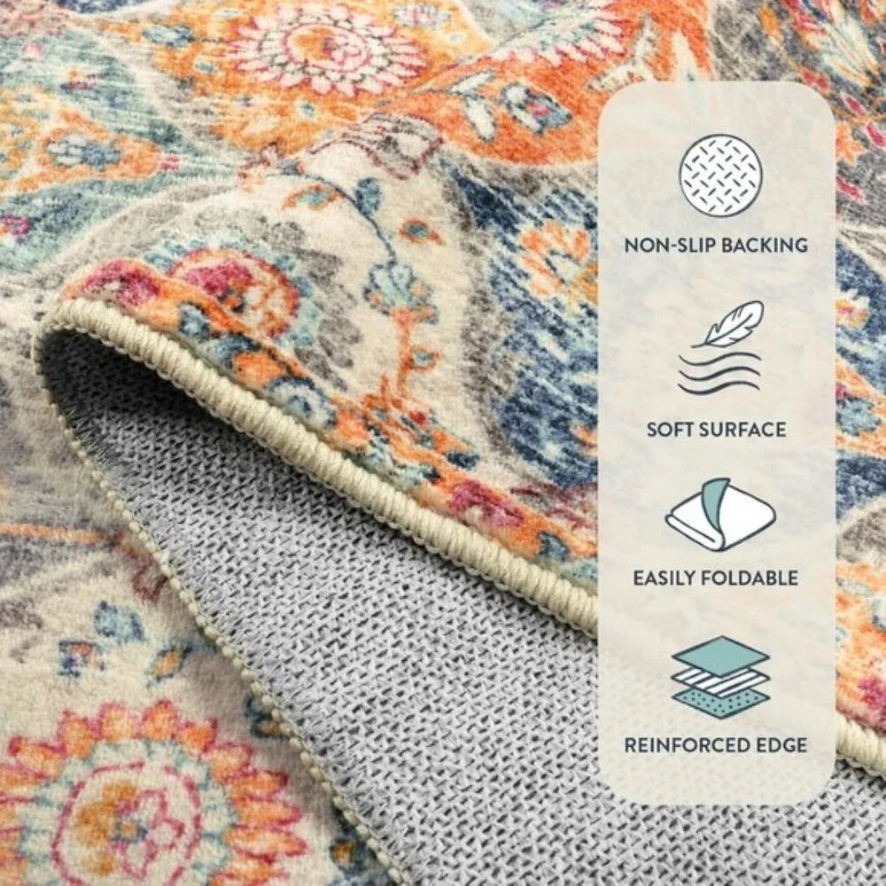 New 2x3 Moroccan Trellis Washable Rug, Non-Slip Ultra-Thin Mat - Cream/Multi